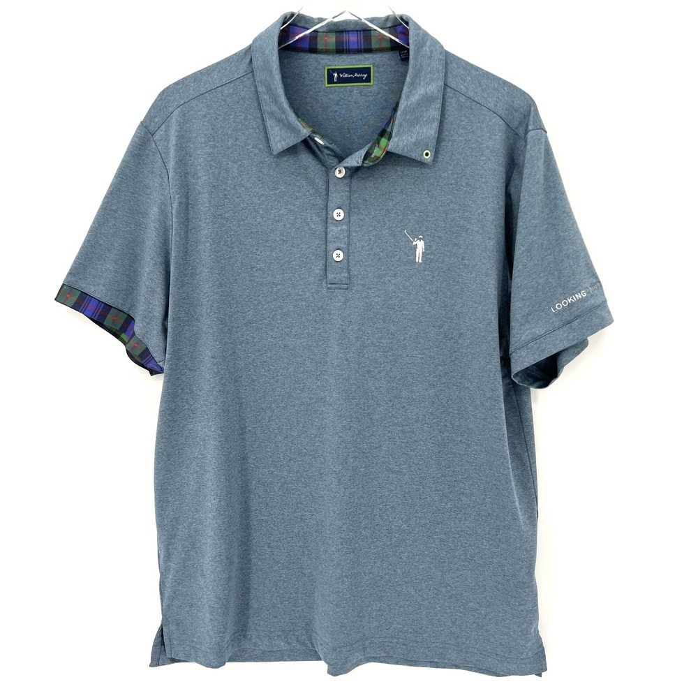 William Murray Golf Polo Mens‎ Large Shirt Performance Stretch Blue Plaid Trim